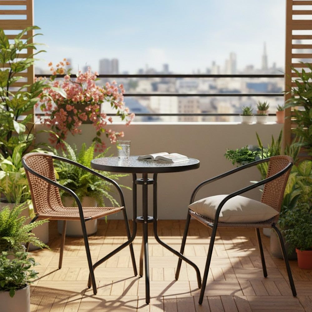 LOLAhome Mesa de jardín de Acero y Cristal Templado | De Ø 60 cm | Pintuta Color Antracita con epoxi Anticorrosión | Resistente y Duradera | Balcón, Terraza o Jardín | Trivia
