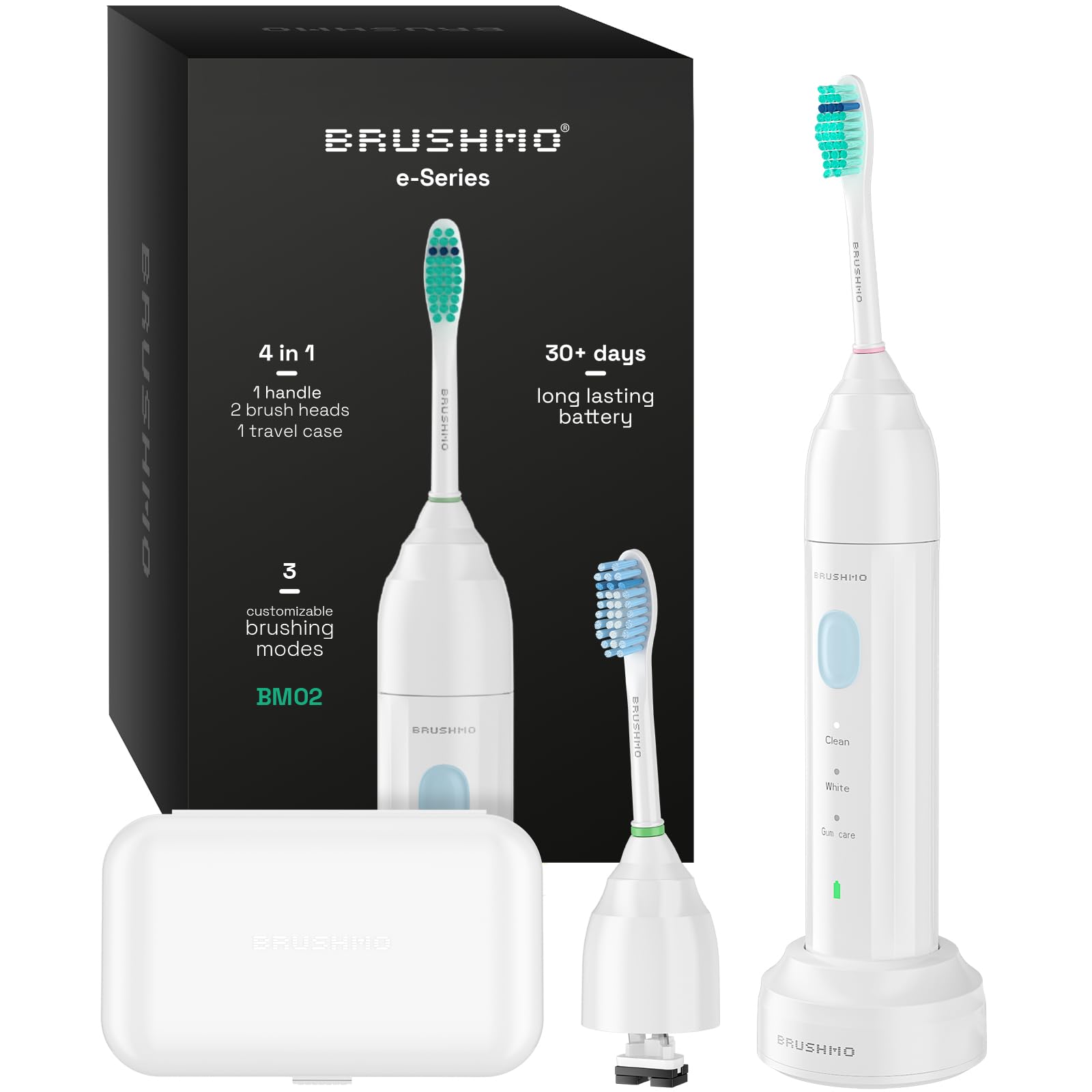 Brushmo E-Series Electric Sonic Toothbrush - Rechargeable Screw-On Electronic Tooth Brush for Adults with 3 Modes, Travel Case & Timer IPX7 Waterproof