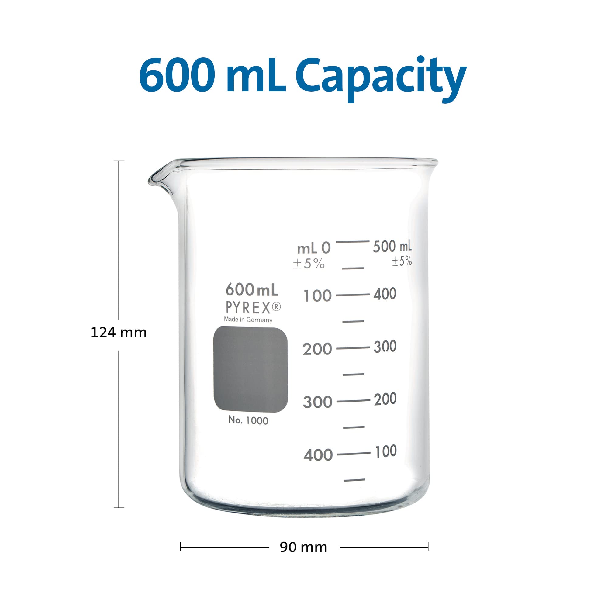 PYREX Griffin Borosilicate Glass Beaker- Low Form Graduated Measuring Beaker with Spout– Premium Scientific Glassware for Laboratories, Classrooms or Home Use - PYREX Chemistry Glassware, 600mL, 2/Pk — Amazon image 3
