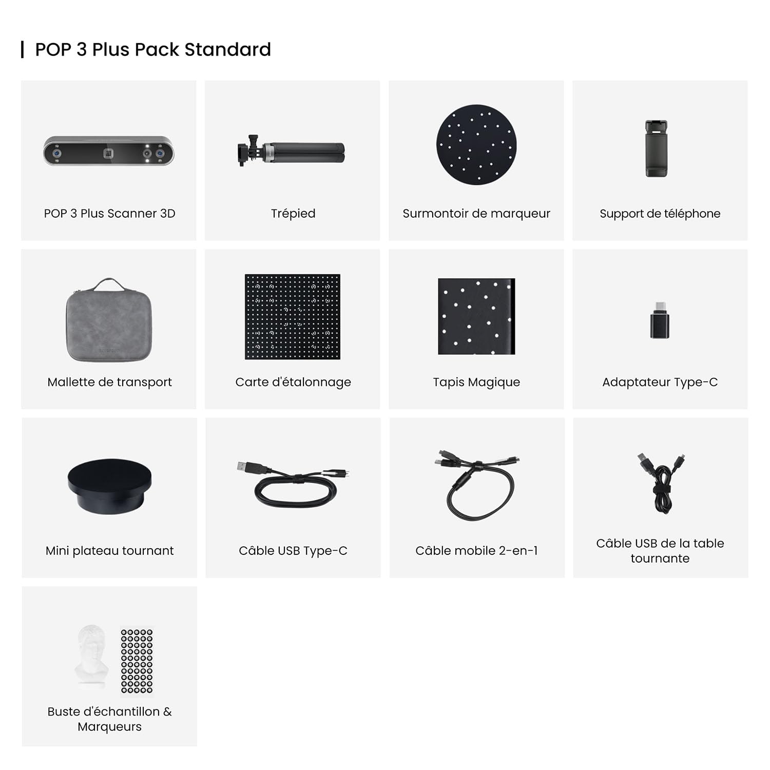 Revopoint POP3 Plus Scanner 3D pour l'impression 3D,Scanner portable avec une précision de 0,04mm et une vitesse de scan de 18 ips, Numérisation en couleur d'un objet moyen, STANDARD