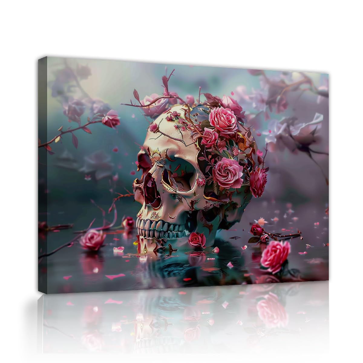 YUNART Dark Academia Floral Skull Canvas Prints Romantic Pink Rose Skeleton Wall Art Vintage Gothic Thorn Picture for Modern Apartment Decor 65x85cm Innerframe