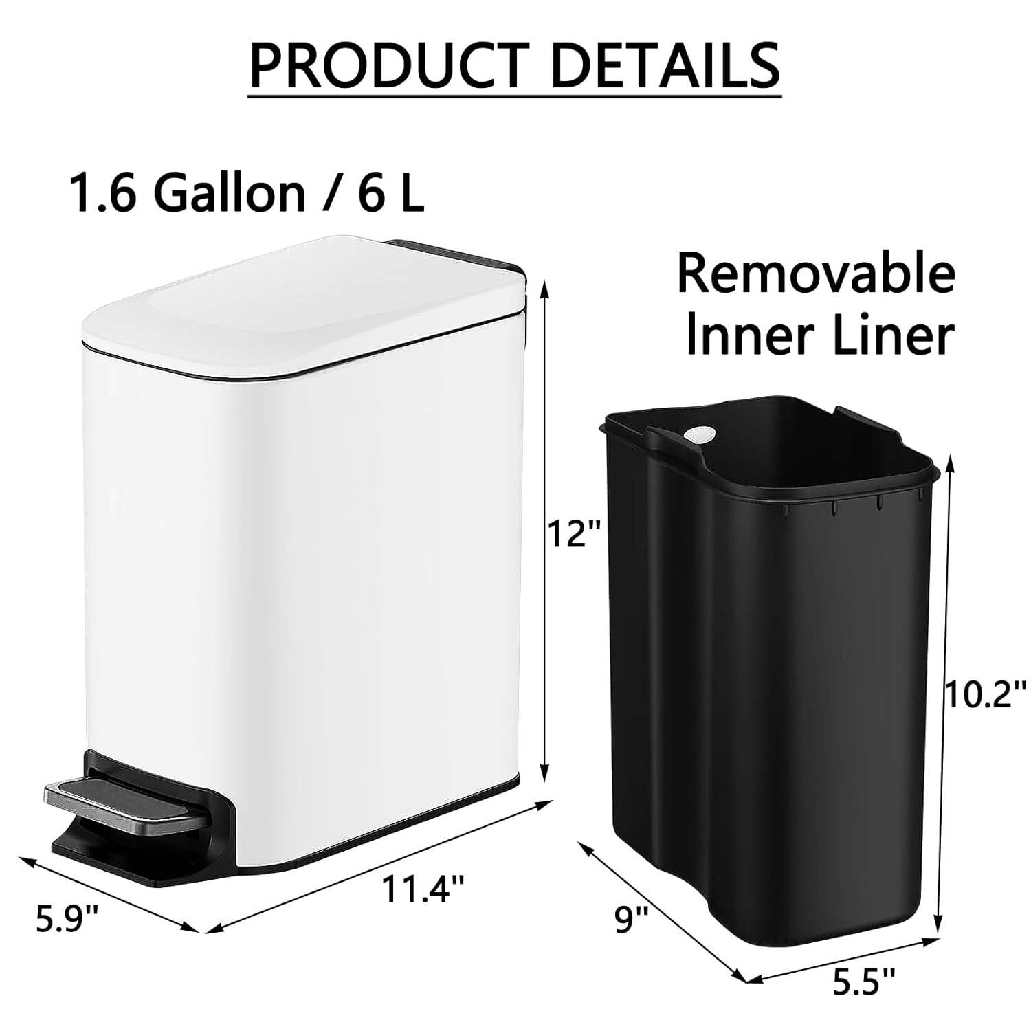 1.6 Gallon/6L Small Bathroom Trash Can with Lid Soft Close and 50 Garbage Bags, Foot-Operated Kitchen Garbage Can with Removable Inner Bucket, for Bedrooms, Offices, and Kitchens (White)
