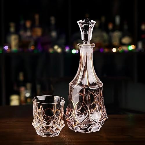 Juego de 7 decantadores de whisky con borde dorado, juego de decantador de licor con botella de vino de cristal de cristal, decantador de vino para