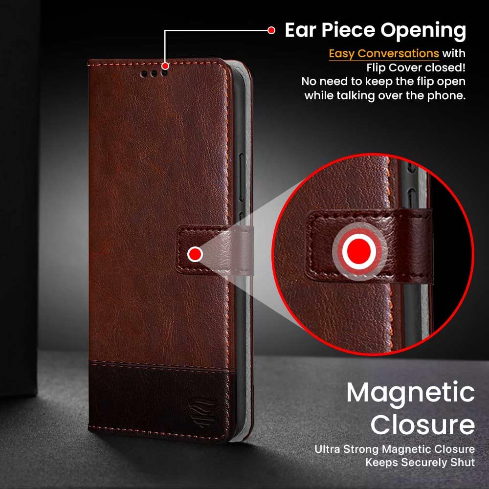 FLIPPED Vegan Leather Flip Case Back Cover for Realme Narzo 70 | Realme Narzo 70 Pro | Realme 12 Plus | P1 5G (Shock Proof | Hand Stitched Finish | Card Pockets Wallet & Stand | Brown with Coffee)