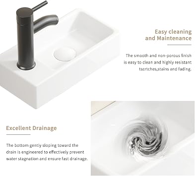Wall Hung Basin Sink, 14 Small Rectangle Ceramic Cloakroom Hand Wash Basin, Left Tap Hole, White High Gloss Finish (Left Hand)