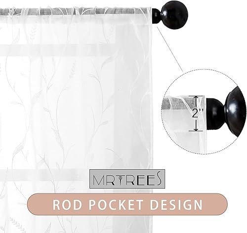 Miniatura 2 de MRTREES Cortinas de cocina de 36 pulgadas con bordado de hojas blancas, cortinas cortas de Navidad para ventanas, 2 paneles con bolsillo para barra,