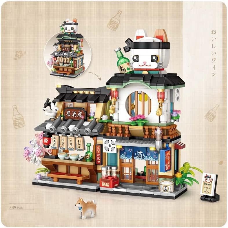 Image of SKY LINE OCEAN Japanese Street View Izakaya Mini Building Blocks Set (789PCS) - 2-in-1 Architecture Model Kit with Cat Roof | 6 Months Structural Warranty