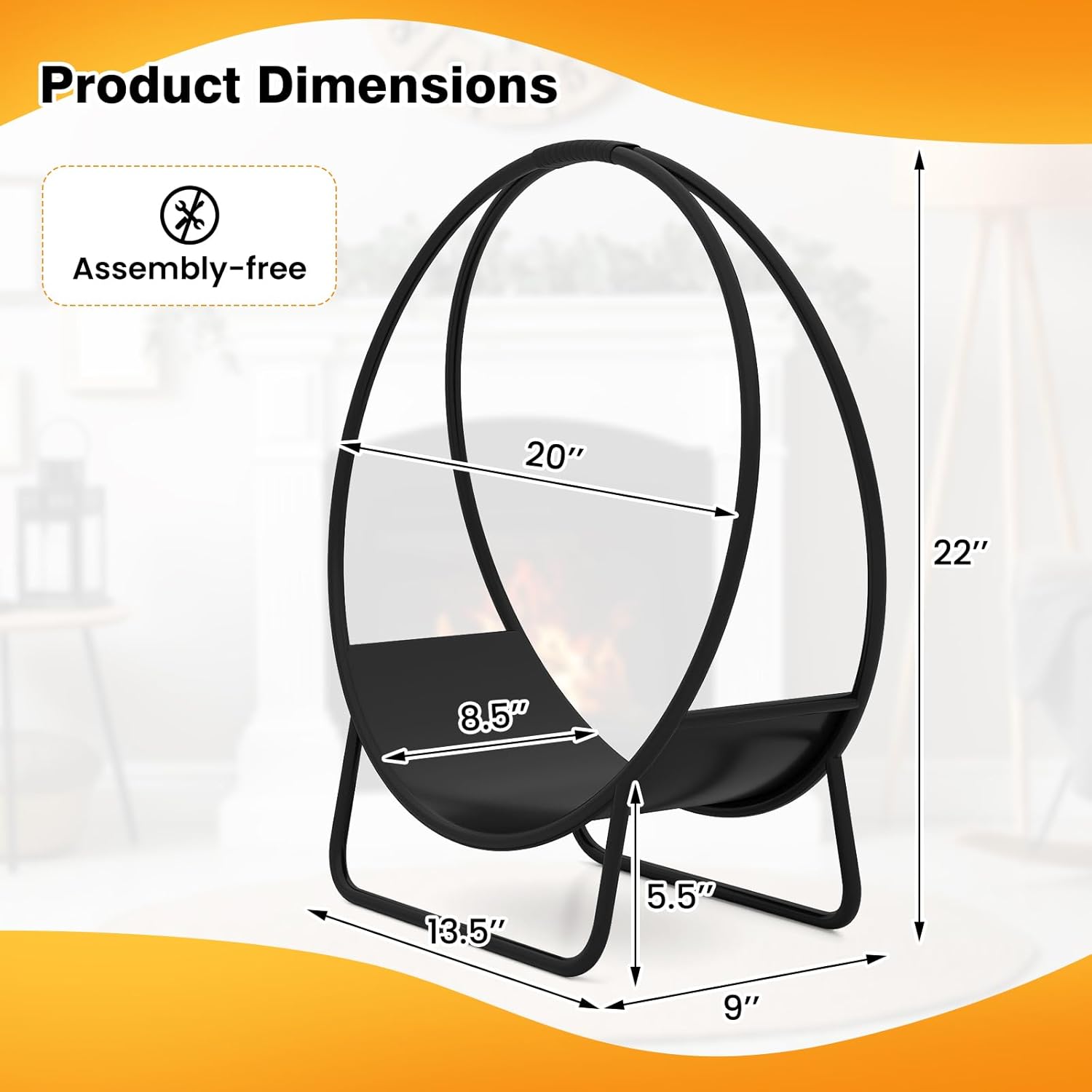 Goplus Firewood Log Hoop, 20" Round Heavy-duty Metal Curved Log Rack with Stand for Indoor & Outdoor, Tubular Wood Storage Holder for Fireplace, Pit, Stove, Campfire, No Assembly