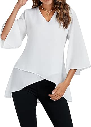 LYANER Women's V-Neck Button Down Blouse - Split Hem Puff Long Sleeve Shirt Top