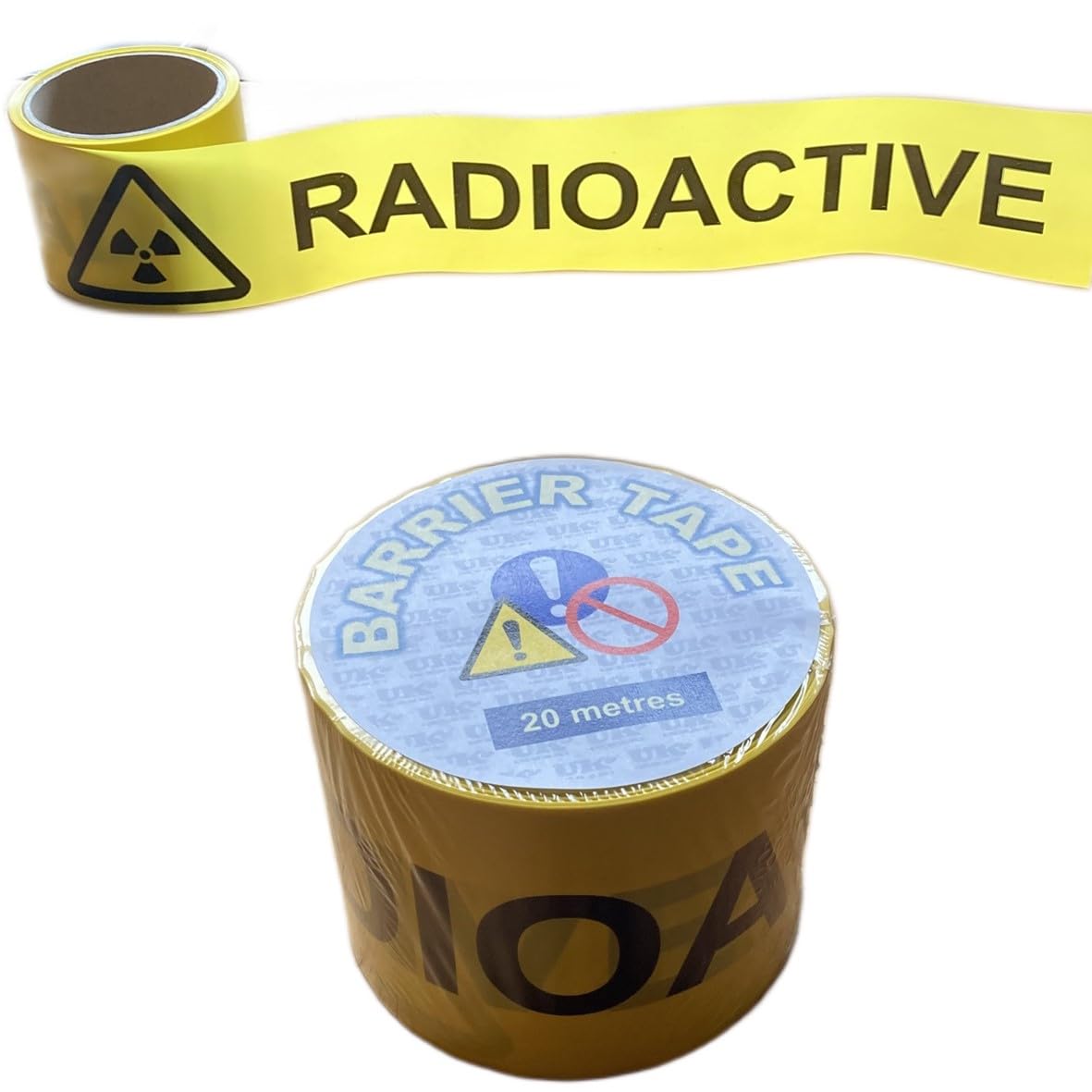 RADIOACTIVE non-adhesive plastic barrier tape - high visibility, temporary cordon tape - hazard warning tape. 100% recyclable. 75mm x 20M - UKT14RDI20