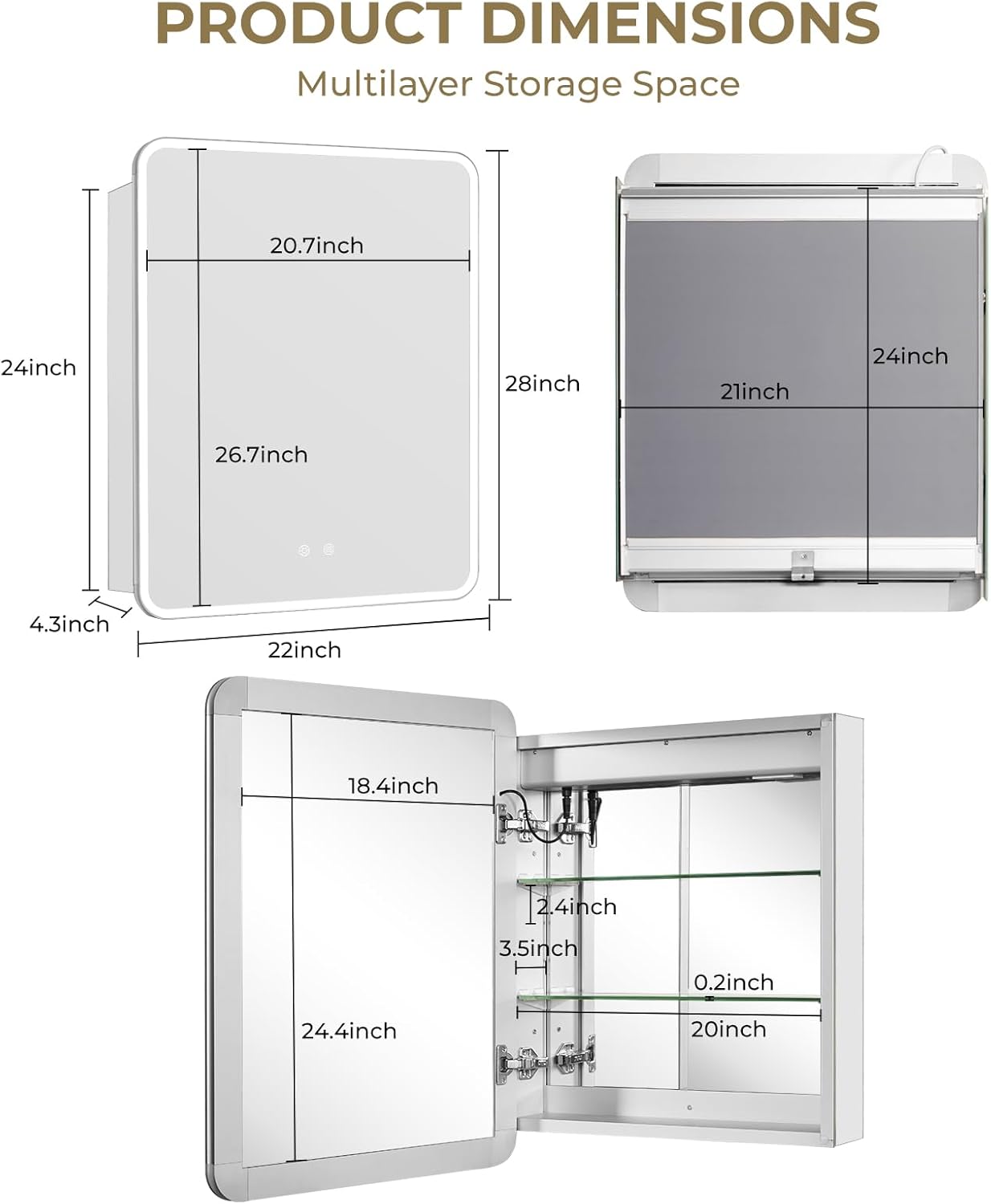 22 x 28 LED Bathroom Medicine Cabinet, Rounded Corner Aluminum Frame Lighted Mirror Cabinet with 3-Color Dimmable Lighting, Memory Function & Anti-Fog, Recessed or Surface Mount Installation