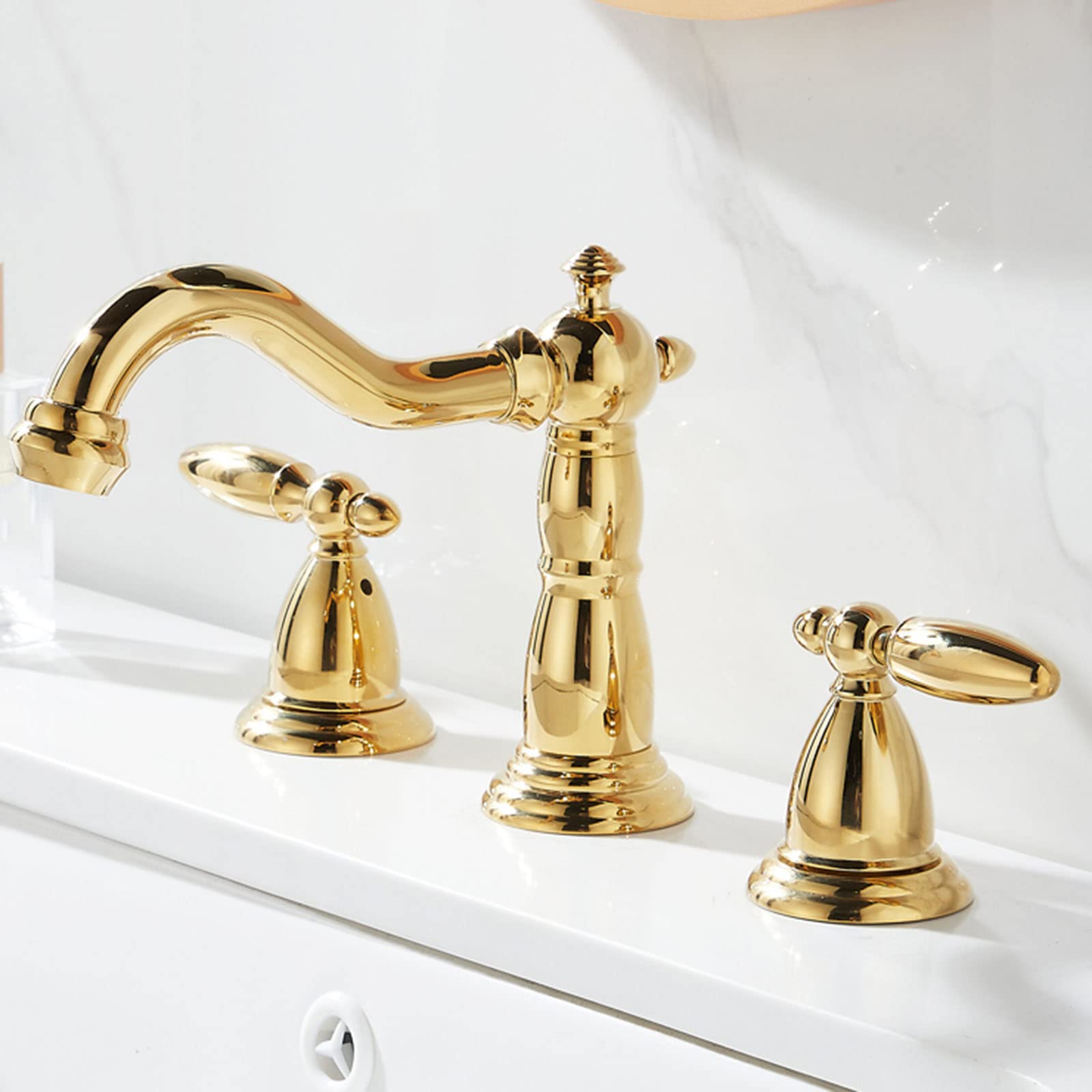 ASerZenith 3 Hole Basin Taps, Bathroom Basin Mixer Tap Brass Basin Tap Cold And Hot Water Bathroom Sink Tap-Gold