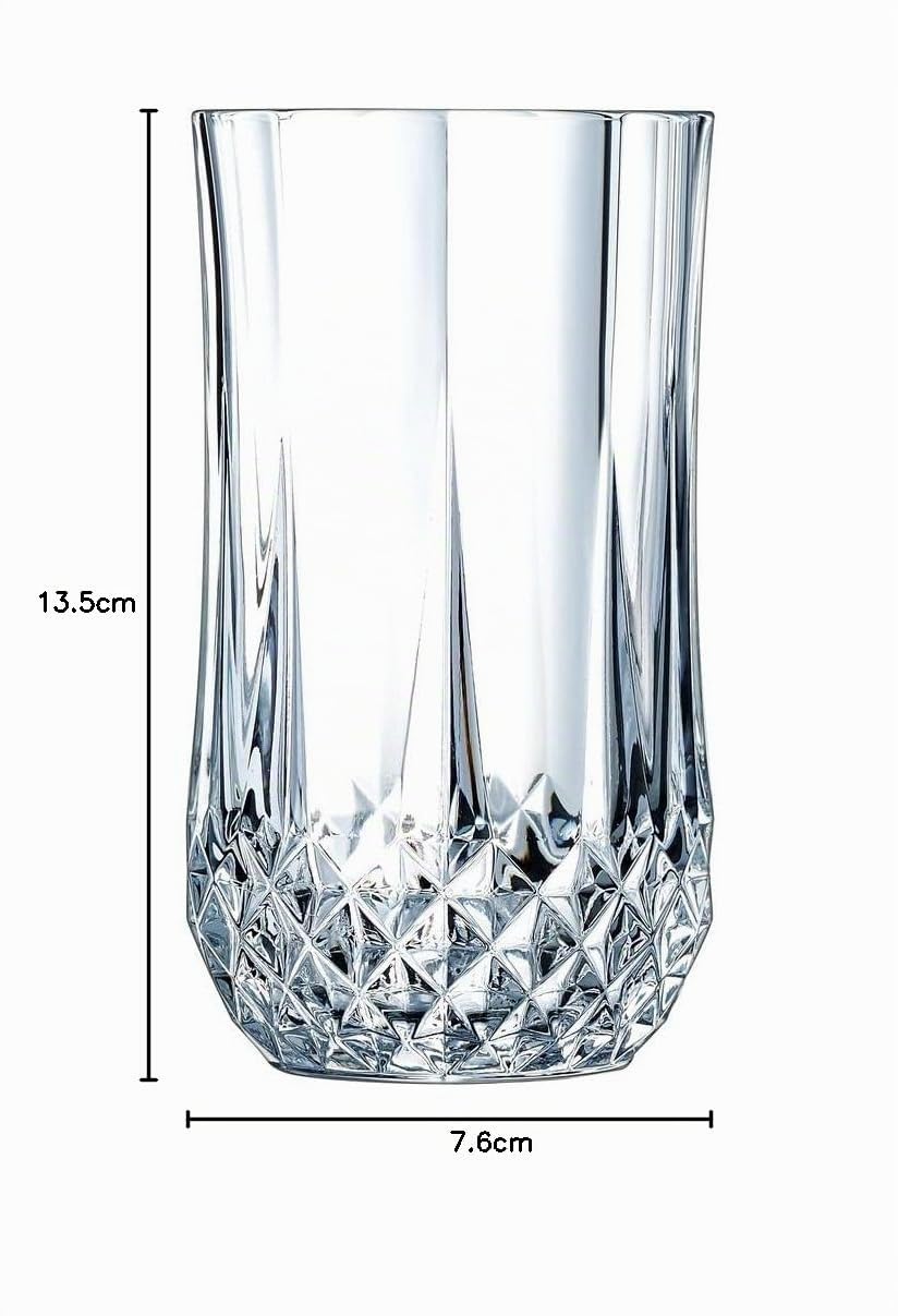Cristal D'Arques Paris – 6 vasos altos, de 36 cl, de Kwarx, colección Longchamp – Brillo, transparencia y alta resistencia – Molduras icónicas – Fabricación realizada en Francia