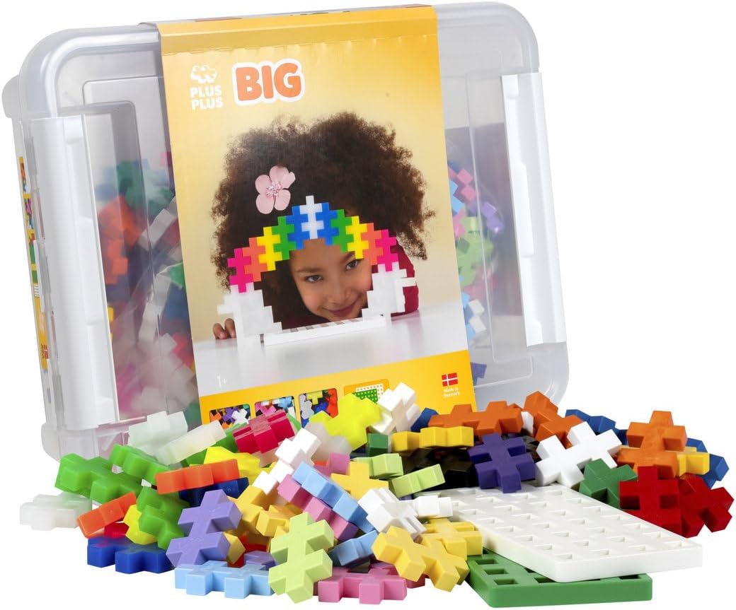 Plus Plus BIG 200 Pieces in Storage Tub, Basic, Neon & Pastel Mix w/ Baseplates - Interlocking Large Puzzle Building Blocks, Quiet Stem Toys for Toddlers - Gifts for Boys & Girls