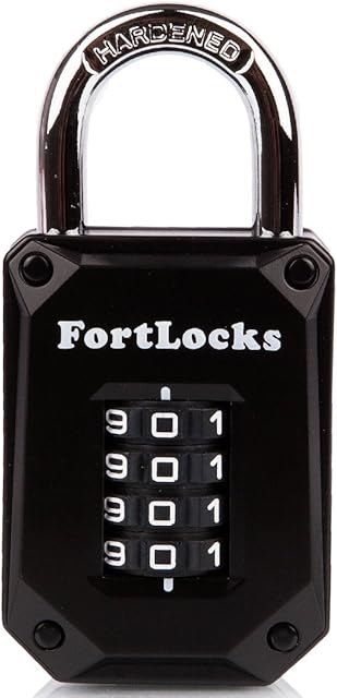 FortLocks Gym Locker Lock - 4 Digit, Heavy Duty, Hardened Stainless Steel, Weatherproof and Outdoor Combination Padlock - Easy to Read Numbers - Resettable and Cut Proof Combo Code - 1 Pack Black