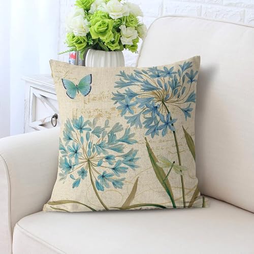 Vintage Flowers Throw Pillow Covers Blue Butterfly Pillow Cases Set Of 4, Decorate Pillow Cover For Home Courtyard Outdoor, Modern Art Deco Linen Cushion Case, Sofa Bed Cushion Cover 18X18 Inch #TOP2