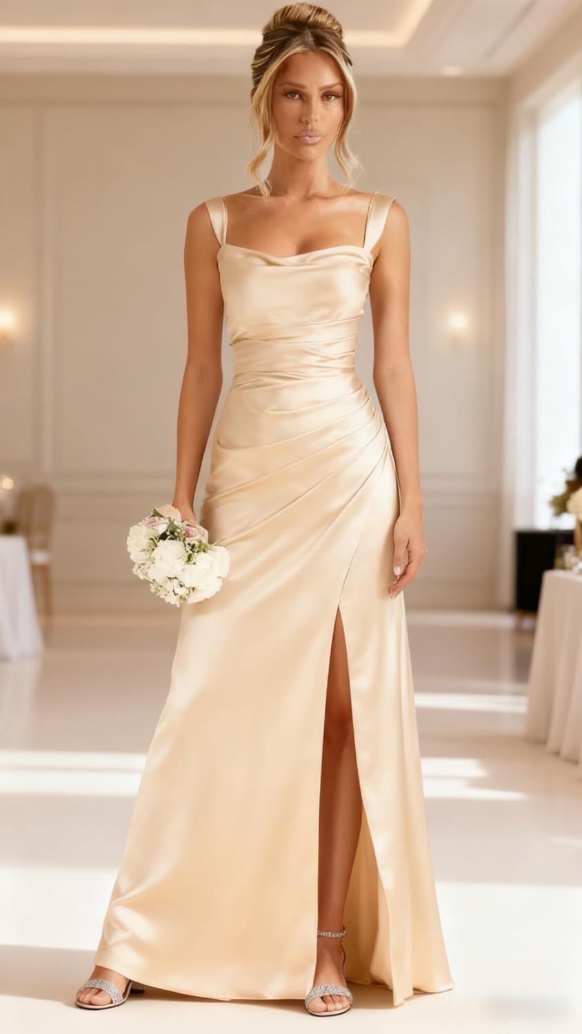 Eightale Satin Bridesmaid Dresses for Women Long Mermaid Square Neck Ruched Formal Evening Gown - Image 2