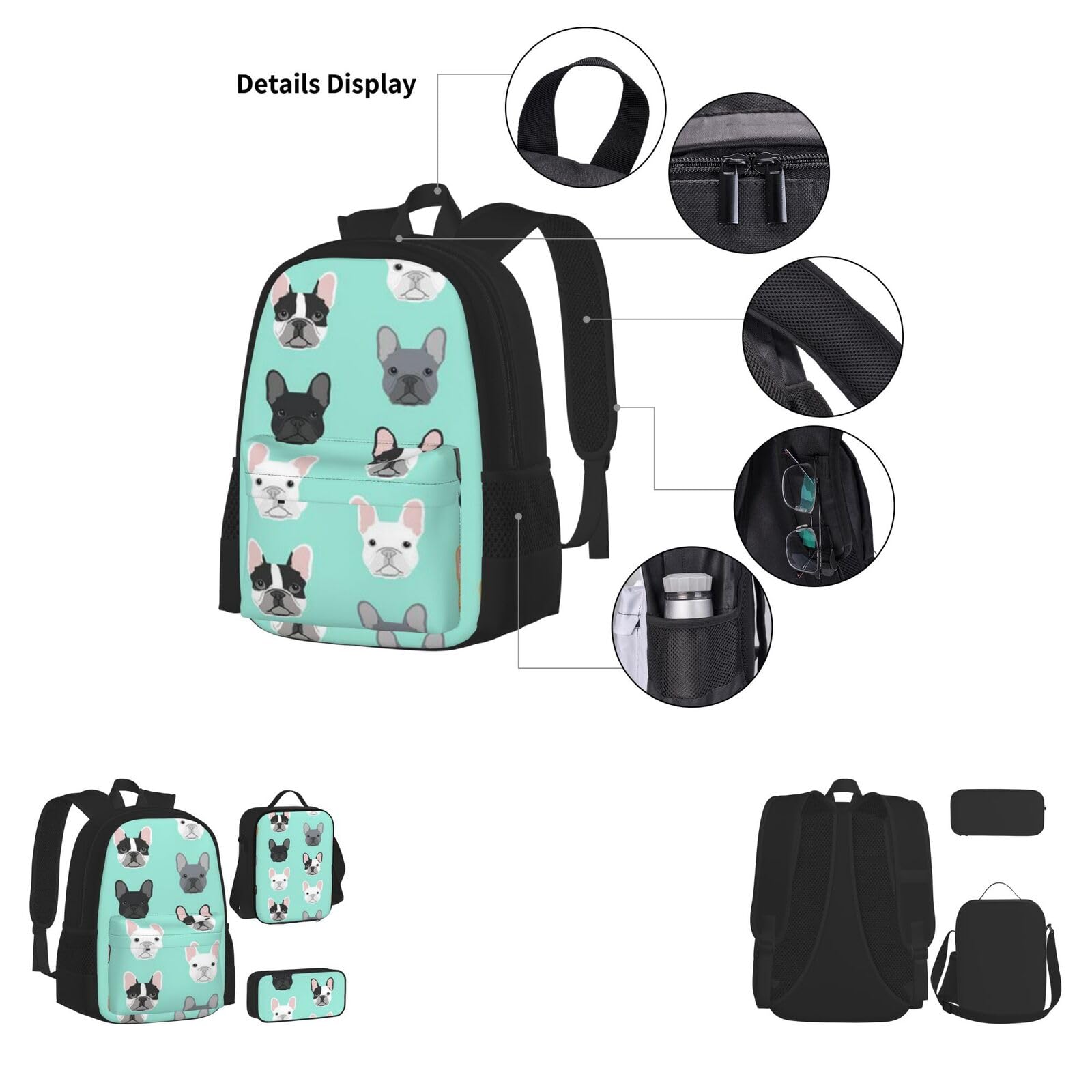 Taekwondo Kampfsport-Schulbücher-Set mit Lunch-Tasche, Federmäppchen, Reise, Laptop, Rucksack, Schultasche, 3-teiliges Set, Französische Bulldogge, Einheitsgröße, Schulrucksack