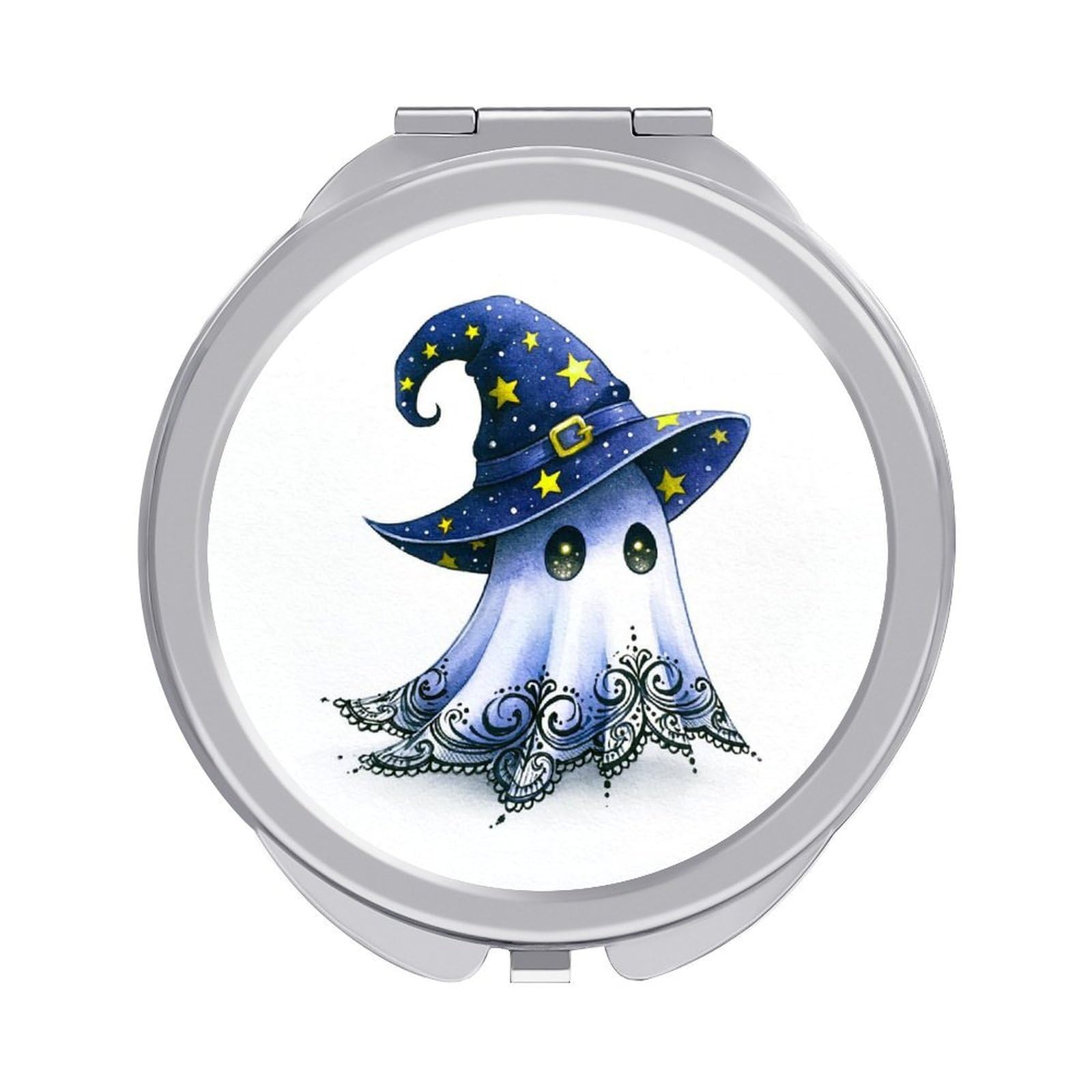 Jubonexis Spooky Cute Ghost Wearing A Witch Hat Women Pocket Mirrors, Girls Small Portable Travel Makeup Mini Mirror