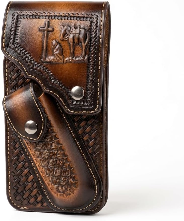 Leather Phone Holster with Knife Sheath - Praying Cowboy Embossed Belt Clip Pouch - Basketweave Pattern (Brown)