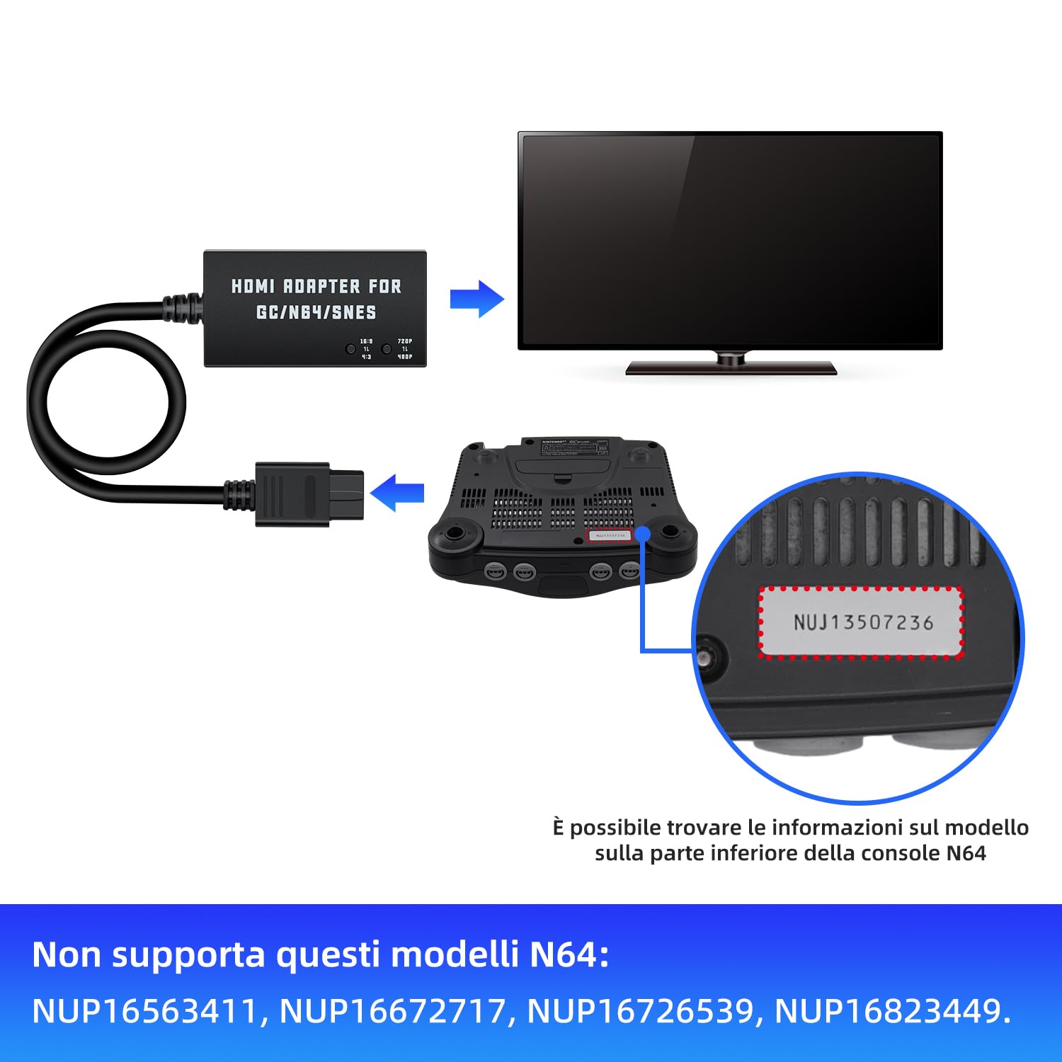 Mcbazel N64 a HDMI Convertitore Cavo HDMI per N64/SNES Console a Supporto HDTV 480p/720p/Audio Stereo/Aspect Ratio 16:9/4:3
