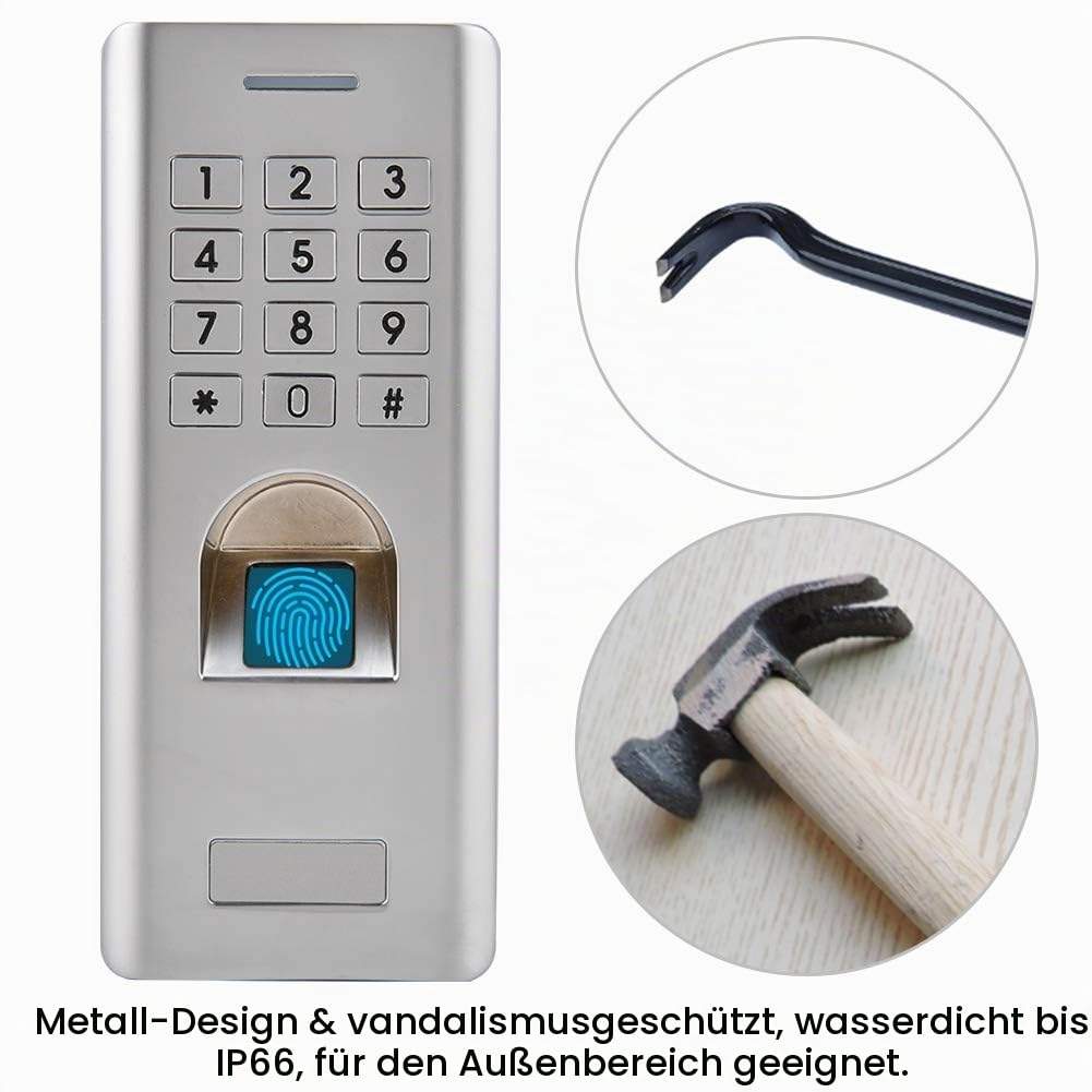 Fingerabdruck Zugangskontrolle, Metall Fingerprint Codeschloss Zutrittskontrolle mit IP66 Wasserdichte/Numerische Tastatur, intelligent Zugangssystem Türöffner für Home Sicherheit