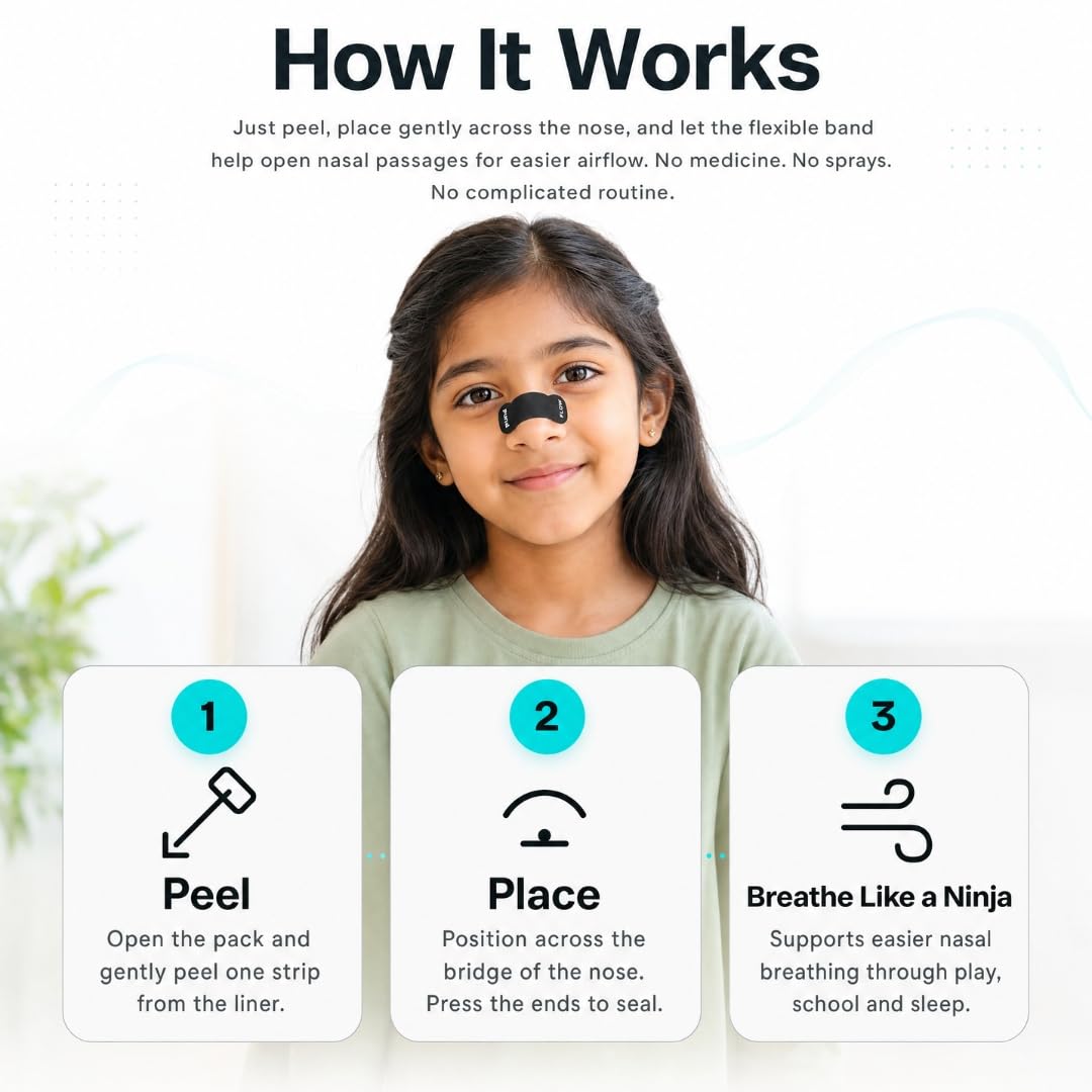 PureFlow Junior Nose Strips for Kids – Gentle Nasal Strips for Easier Breathing During Play, School & Sleep | Hypoallergenic, Sweat-Resistant, Drug-Free Nasal Breathing Support for Active Kids | 10 Strips — Amazon image 3