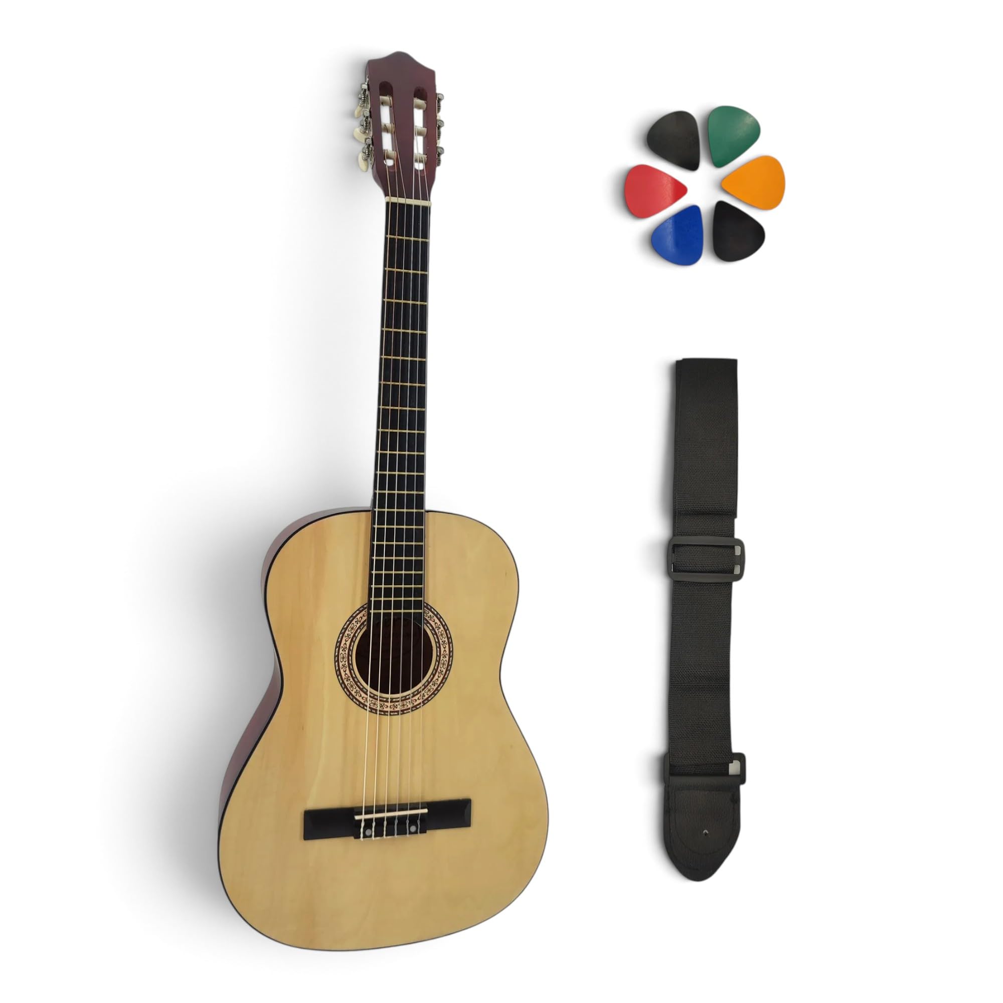 Gitara klasyczna dla dzieci 1/2 leworęczny (6-10 lat) + pasek + 6 kostek do kostki - struny nylonowe, dostawa tuningowa (naturalna, 1/2, leworęczna)