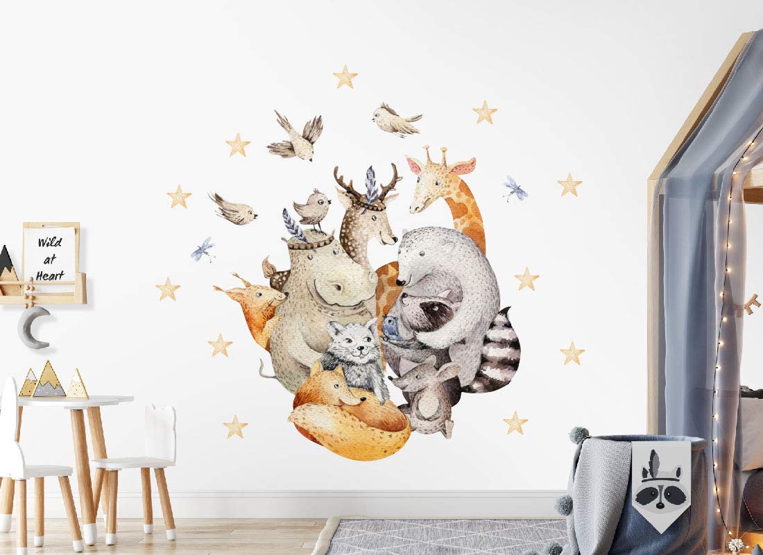 Adesivo da parete con animali della foresta, giraffa, volpe, orso, uccelli, stelle, immagine per bambini, per la cameretta dei bambini, os8861 (165 x 150 cm)