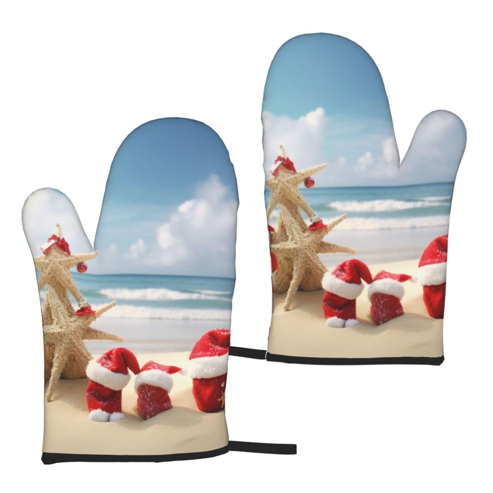 merry christmas beach prin Printed Oven Mitts Sets 2 PCS Heat Resistant and Non-Slip Glove Potholder for Kitchen Cooking Baking Grilling