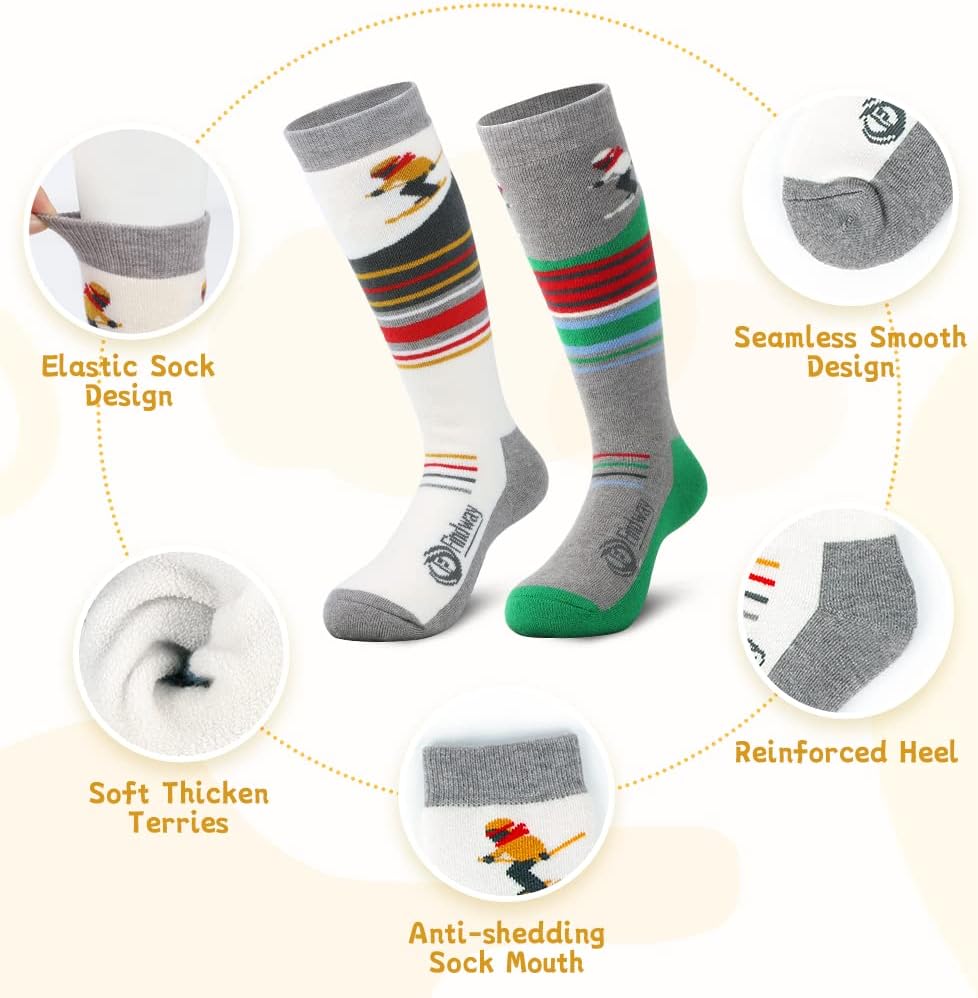 Findway Kids Merino Wool Ski Socks (2 or 3 Pairs) - Winter Warm Thermal Socks for Snowboarding, Boys and Girls 3-16 Years