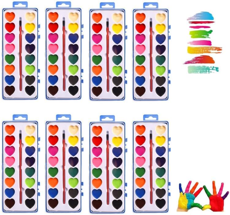 16 Colors Heart Watercolor Paint Set with Washable Paintbrush, 12 Pack Water Color Paint Sets for Adult, Valentines Gifts Party Favor Art Supplies Preschool Classroom Prizes Exchange