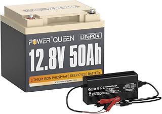 Power Queen 12.8V 50Ah LiFePO4 Battery with 14.6V 10A LiFePO4 Battery Charger; Built-in 50A BMS, Fast and Fully Charged, 4000+ Cycles, Perfect for Kayak, RV, Trailer, Solar Application