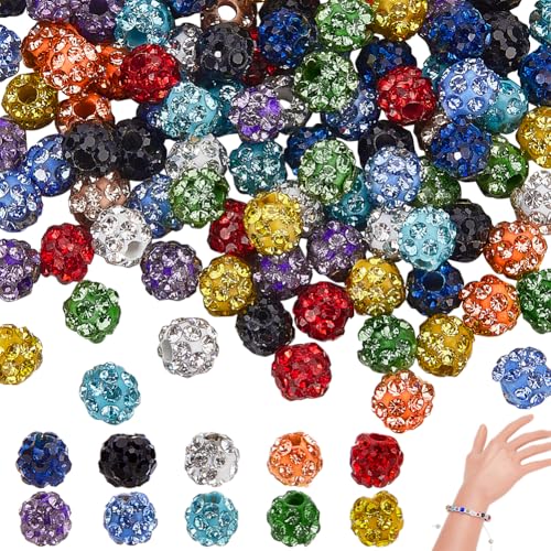 PH PandaHall 100pcs Rhinestones Beads 4mm Pave Disco Ball Beads 10 Colors Polymer Clay Crystal Bead Round Sparkle Diamond Bead for Christmas Jewelry Making Necklace Bracelet