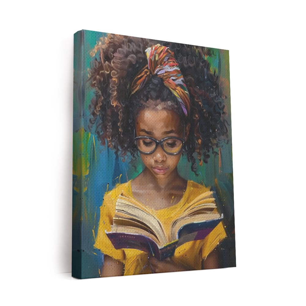 Elivita Black Girl Reading Book Design 1 Canvas Wall Art African American Pictures Canvas Afro Prints Melanin Proud Gifts Framed For Living Room