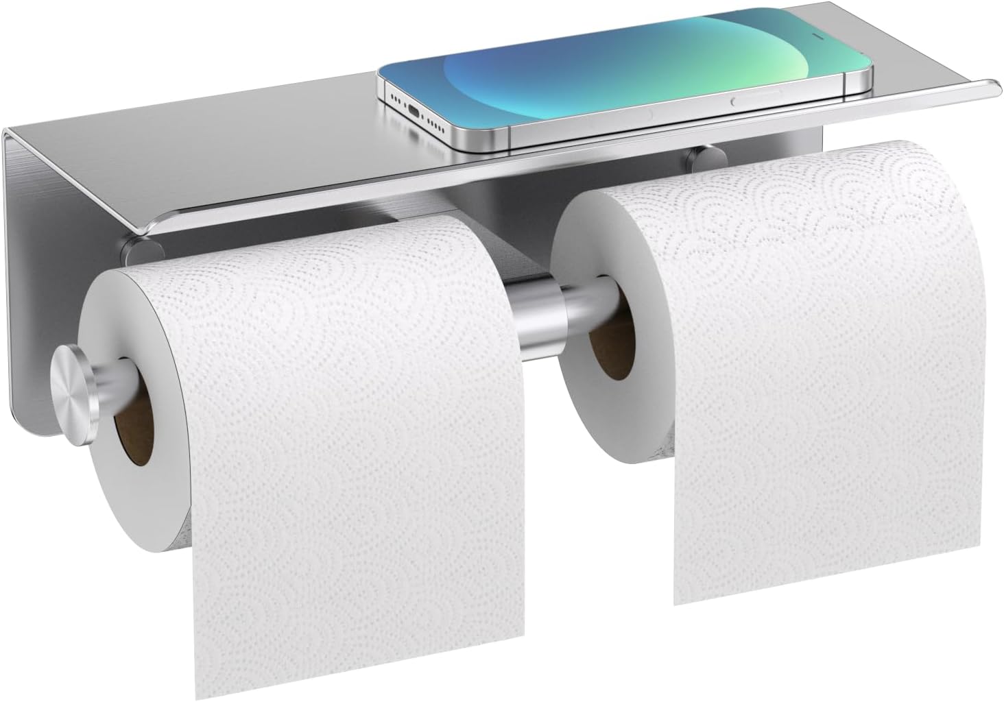 No More Phone Drops, Family Friendly Rounded Corners,Toilet Paper Holder with Shelf,Double Roll Wall Mounted Tissue Holder,304 Stainless Steel Rustproof,Fits Mega Rolls, Screw or Self Adhesive Install