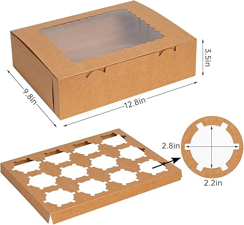 Miniatura 3 de Rarapop Paquete de 25 cajas para cupcakes con capacidad para 12 cupcakes estándar, soportes para cupcakes de grado alimenticio, cajas de panadería