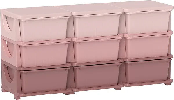 Qaba 3 Tier Kids Storage Unit, 9 Drawer Chest Toy Organizer Plastic Bins for Kids Bedroom Nursery Kindergarten Living Room for Boys Girls Toddlers, Pink