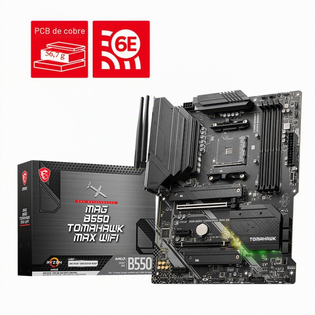 MSI mag B550 Tomahawk MAX WiFi Gaming Placa Base (AMD AM4, DDR4, PCIe 4.0, SATA 6 GB/s, M.2, USB 3.1 Gen 2, HDMI/DP, ATX, Wi-Fi 6E, procesadores AMD Ryzen Serie 5000)