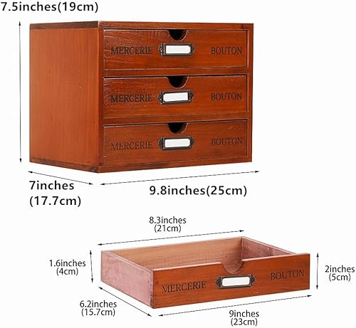 Miniatura 3 de Caja de almacenamiento de madera, organizador de escritorio rústico con 3 cajones, accesorios de escritorio de oficina, estante pequeño de
