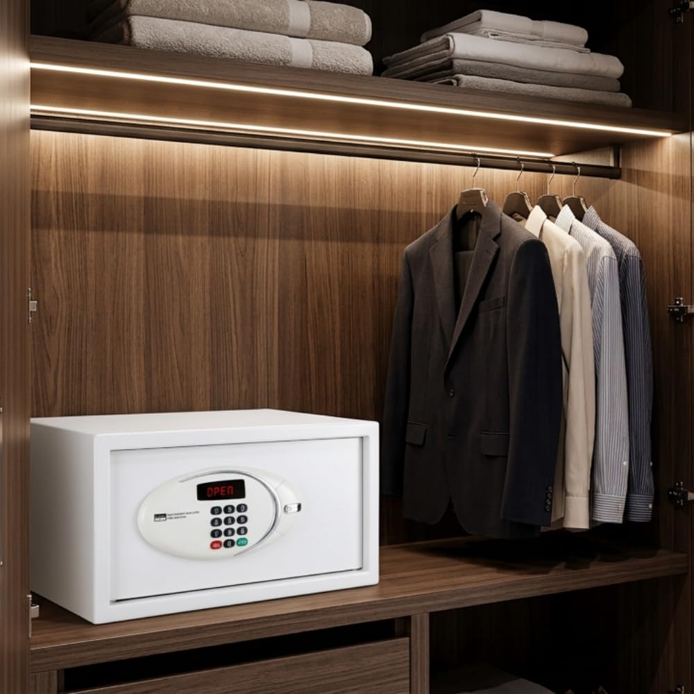 JVD Coffre-Fort Trustee Compact blanc - Coffre-fort Électronique pour hôtel - Verrouillage par code - Éclairage LED - Blocage automatique en cas d'infraction