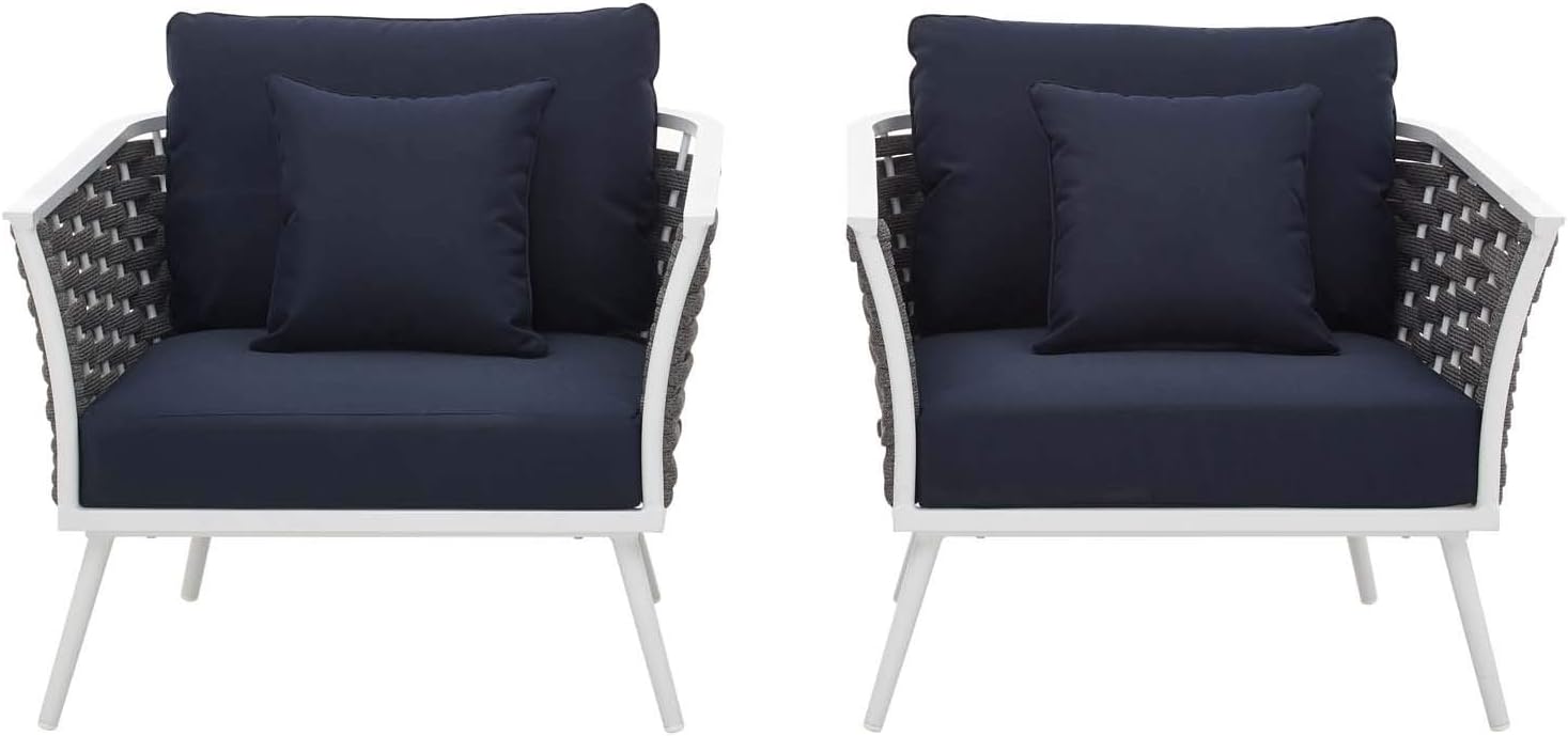 Modway Stance Outdoor Patio Woven Rope Two Dining Arm Chairs with Cushions in White Navy