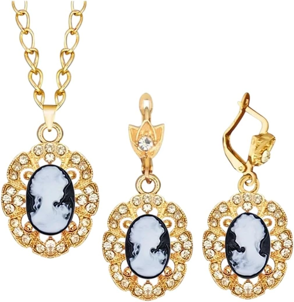 6 Colors Lady Queen Cameo Jewelry Sets For Women Gold Color Flower Pendant Crystal Fashion Necklace Earring Jewelry