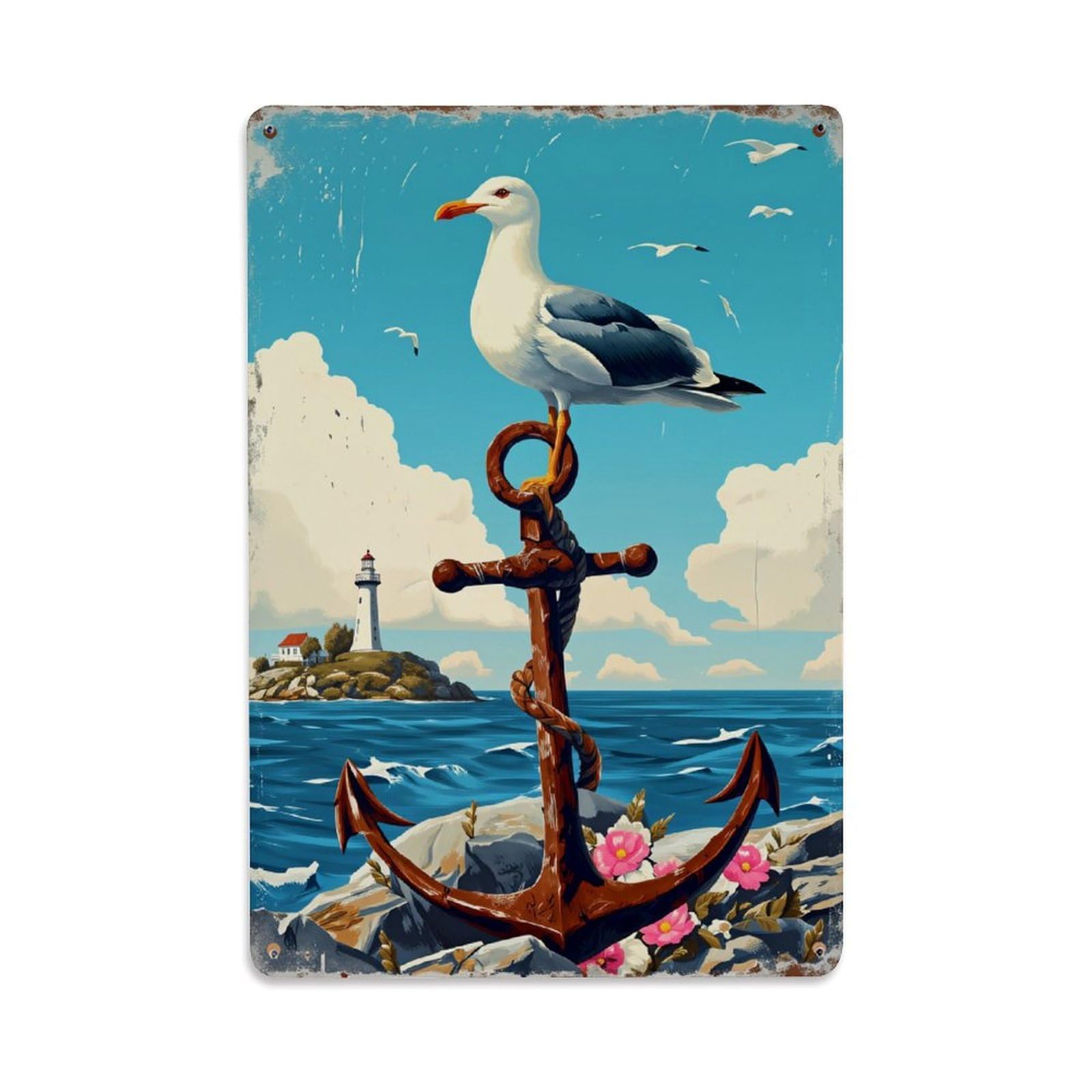 Enderetf Vintage Seagull Anchor Lighthouse Ocean Flowers Tin Sign Metal Poster, Home Bar Garage Man Cave Cafe Indoor & Outdoor Wall Decoration 8X12inches