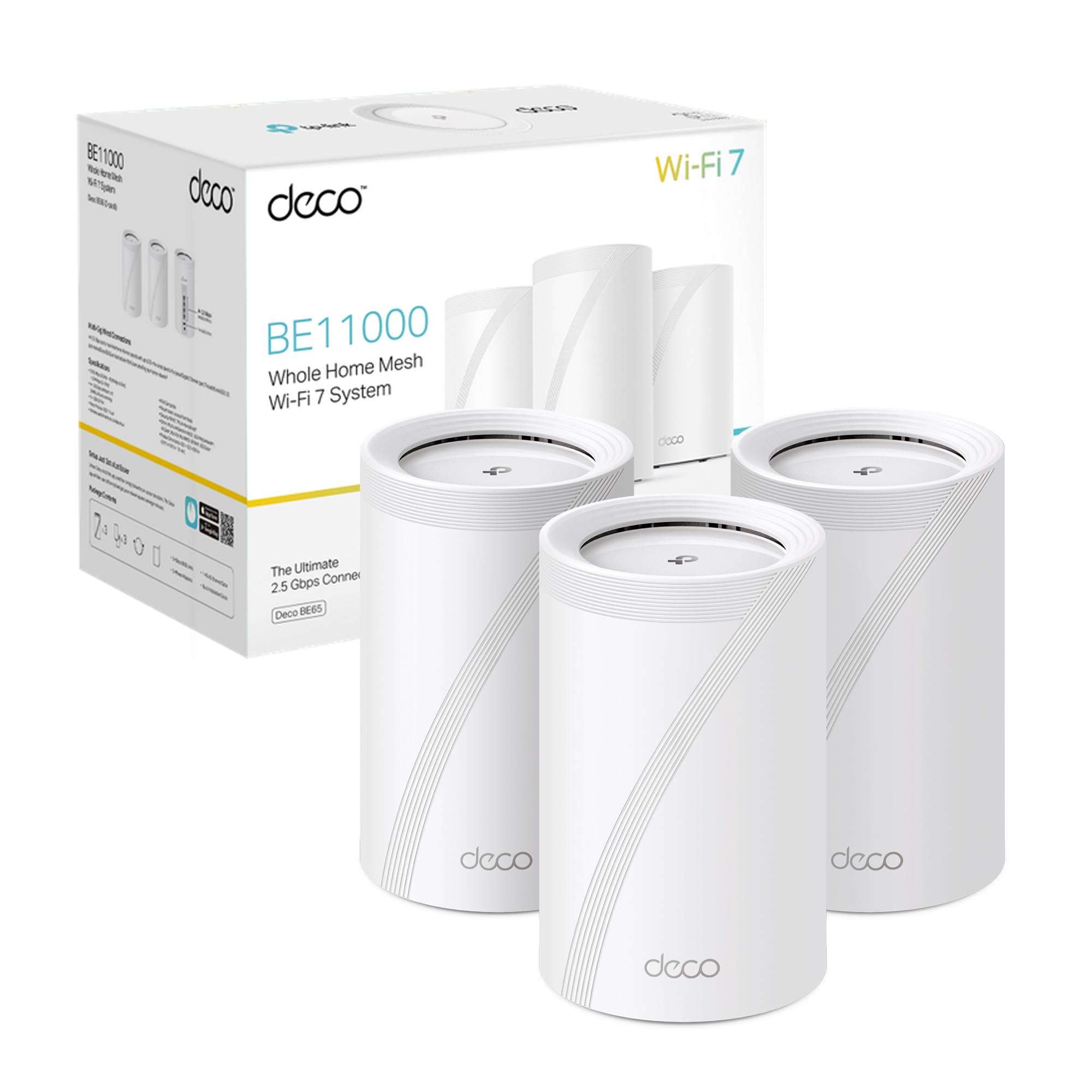 TP-Link WiFi 7 Deco BE65(3-pack) Router Mesh WiFi, BE9214Mbps Tri-Band, Canali 320 MHz, Porta Ethernet da 2,5 Gbps, WiFi 7 Senza Precedenti, Alexa, Funziona con Qualsiasi ISP e Modem, 3 Pacchi