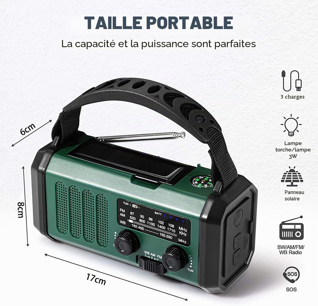TKMARS Radio d'urgence Solaire et Dynamo Portable 20000mAh, AM/FM Multifonction, Chargeur Solaire Téléphone Lampe d'urgence Manivelle, Kit de Survie pour Camping, Randonnée, Urgences