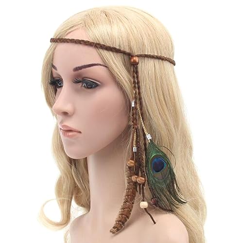 Miniatura 9 de Diadema de plumas de pavo real con borlas bohemias coloridas para mujer banda ajustable de estilo indio hecha a mano accesorios para el cabello