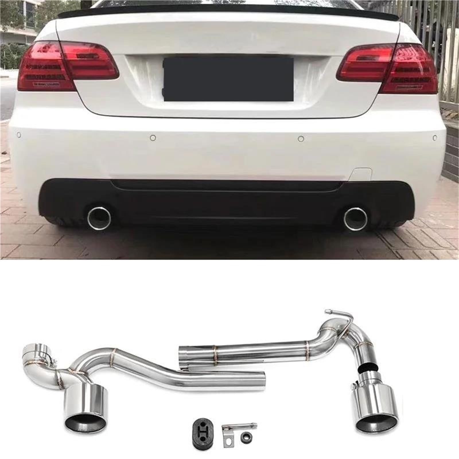 Dla BMW E90 E92 320i 318i Rura Wydechowa Ze Stali Nierdzewnej Końcówka Tłumika Końcówka Rury Wydechowej Akcesoria Samochodowe Akcesoria Podwójna(Silver)