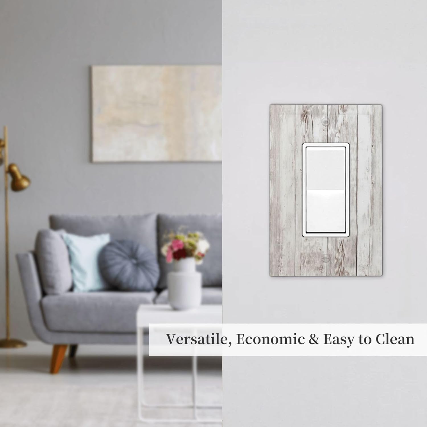 Rustic White Grey Wood Cabin Light Switch Cover Decorative Country Farmhouse Gray Wooden 1 Gang Single Rocker Wall Plate Switchpalte Electrical Faceplate for Bathroom Kitchen Home 5" x 3"