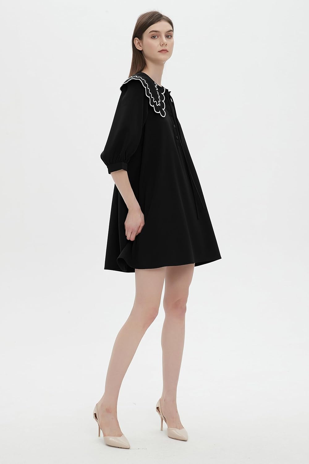 D-Sun Women's Babydoll Dress 3/4 Sleeves Peter Pan Collar Casual Loose A Line Flowy Fall Mini Dress - Image 6